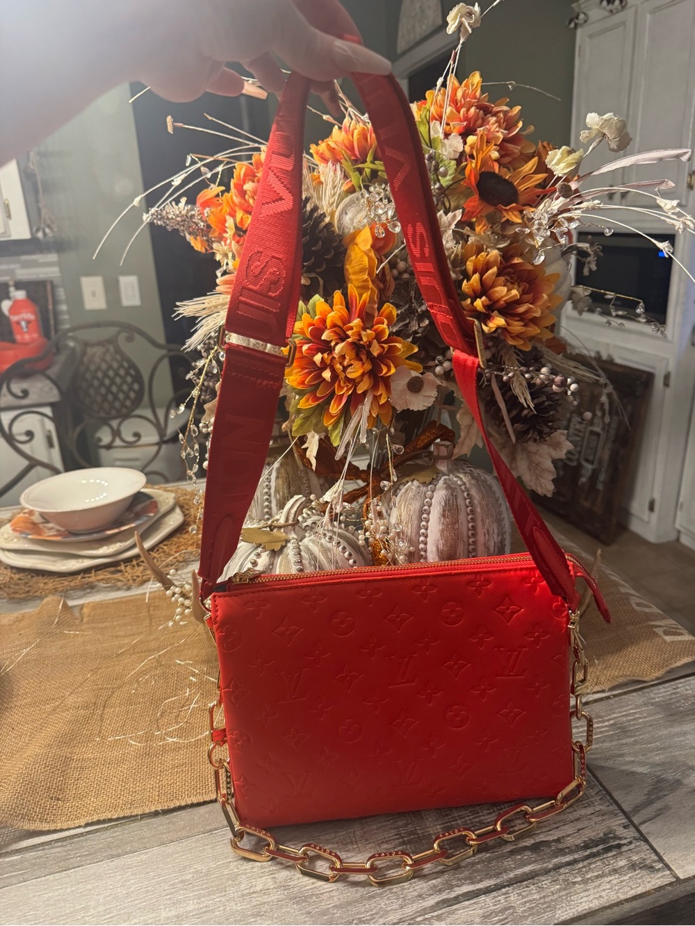 Red Embossed Leather Shoulder Bag with Chain Strap